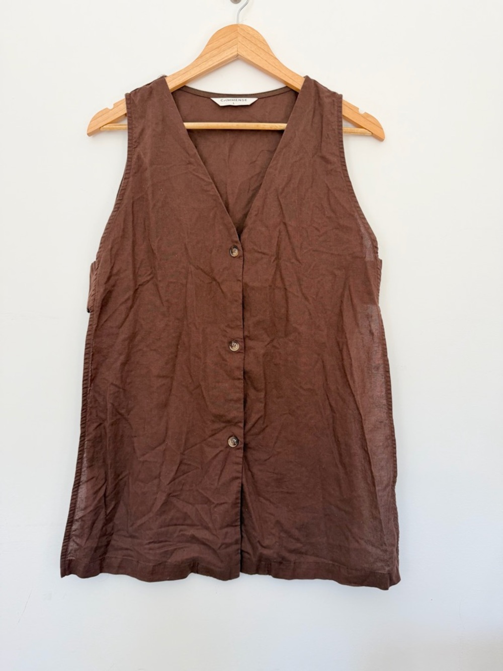 Commence Linen Blend Sleeveless Button-Front Top w Open Sides Brown Large